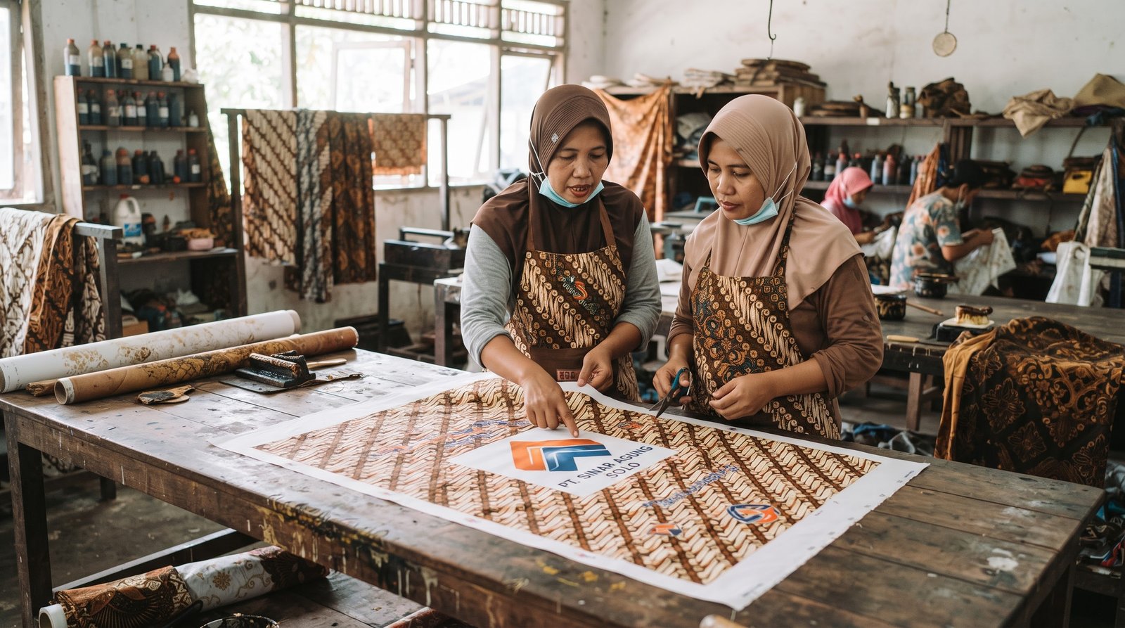 Dokumentasi proses produksi cetak batik custom motif dan logo korporasi di pabrik Batik Soehadi Surakarta.